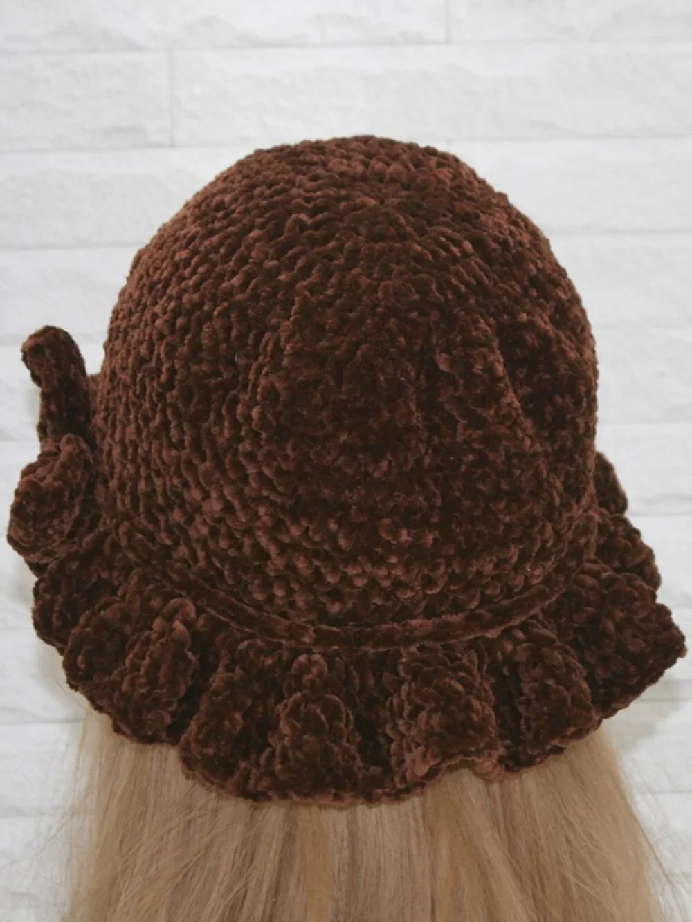 HAND CRAFTED Hat Crochet Bucket Chenille Winter Full Ruffle Brown Wide Brim